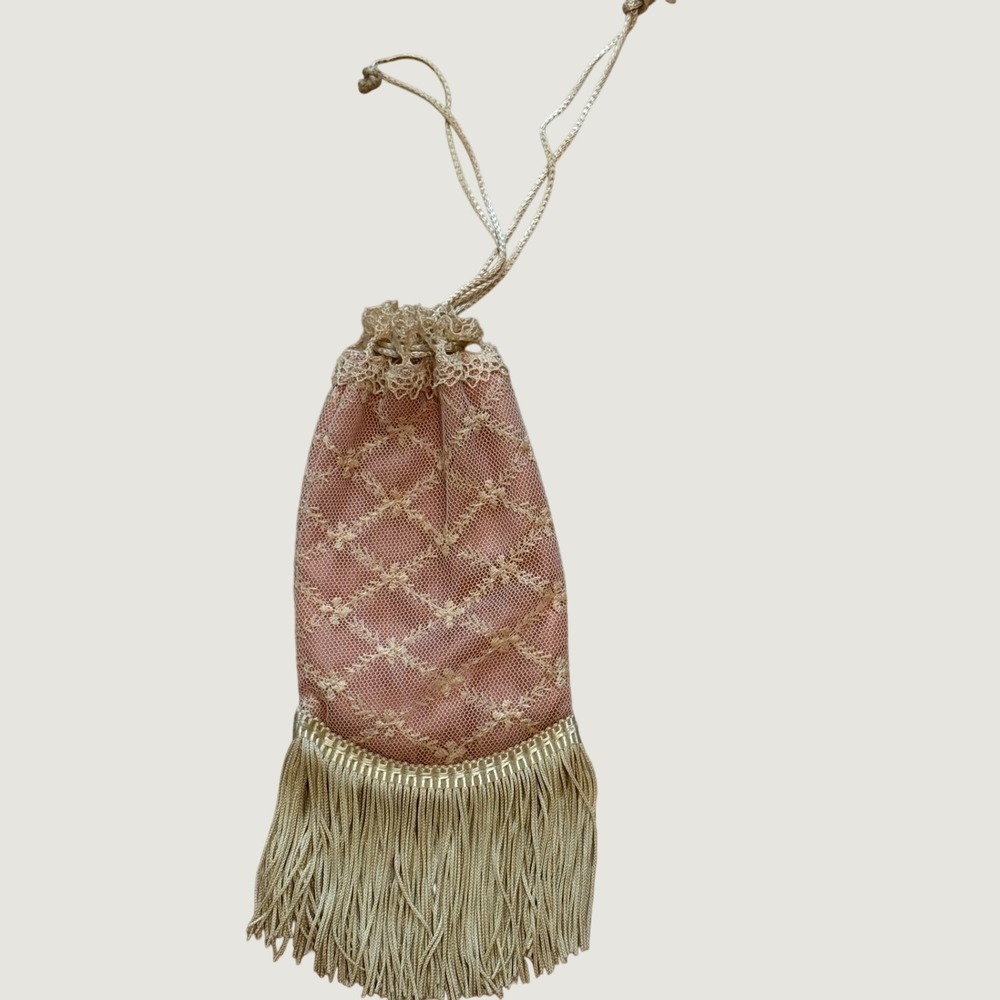 Vintage 1960s Victorian Style Lace Fringe Drawstring Reticule Bag